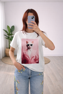 T-Shirt Maniche Corte Gatto con Occhiali e Abito Rosa