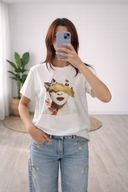 T-Shirt Maniche Corte Donna Bendata con Oro e Fiori