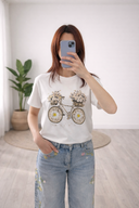 T-Shirt Maniche Corte Bicicletta Rosa con Fiori Rosa e Margherite