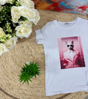 T-Shirt Maniche Corte Gatto con Occhiali e Abito Rosa